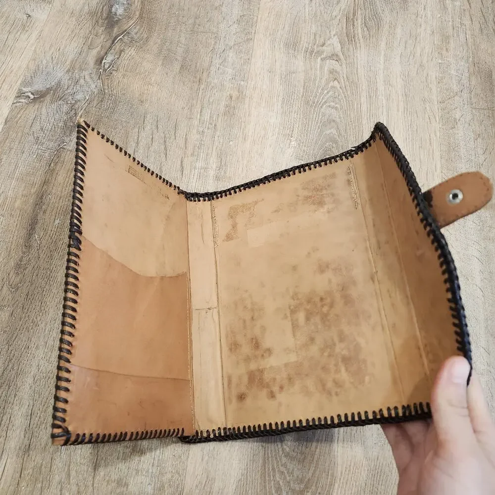 Vintage Hand Tooled Leather Book Journal Cover Handmade Roses Snap Close Signed